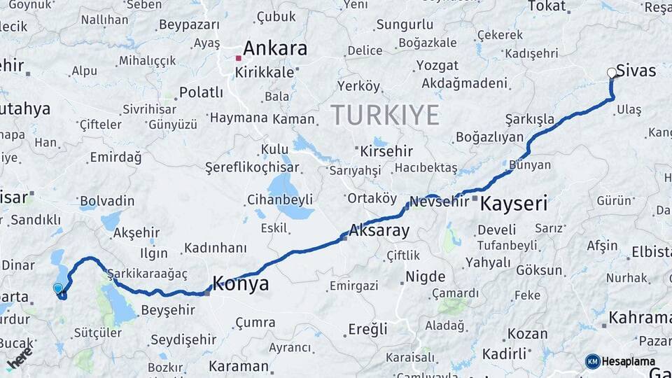 Isparta Eğirdir Sivas Arası Kaç Km - Yol Haritası
