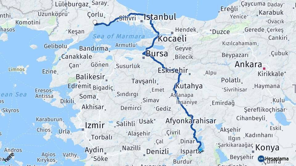 Isparta Eğirdir Tekirdağ Arası Kaç Km - Yol Haritası