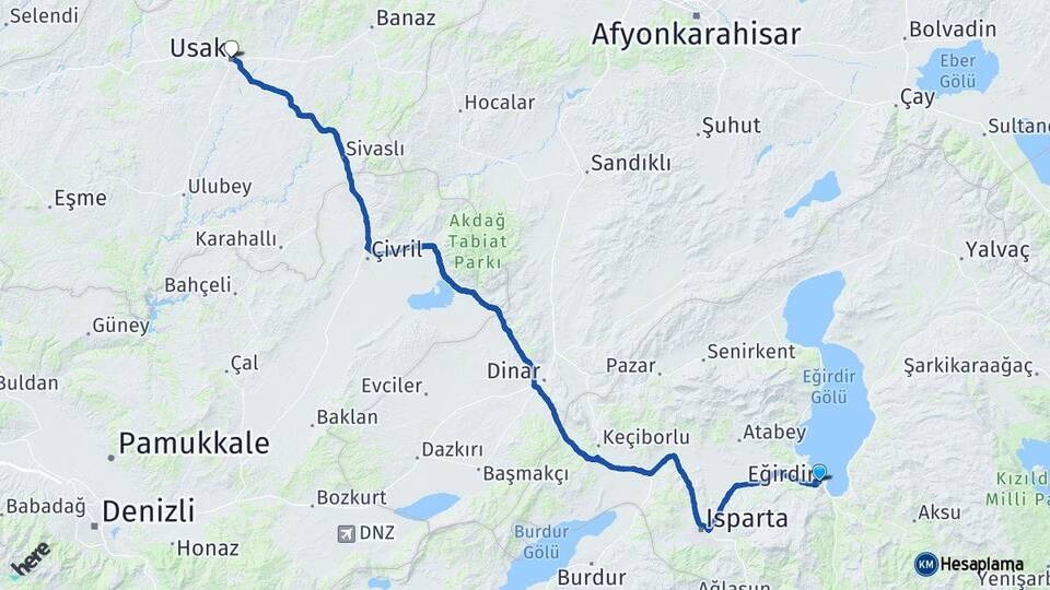 Isparta Eğirdir Uşak Arası Kaç Km - Yol Haritası