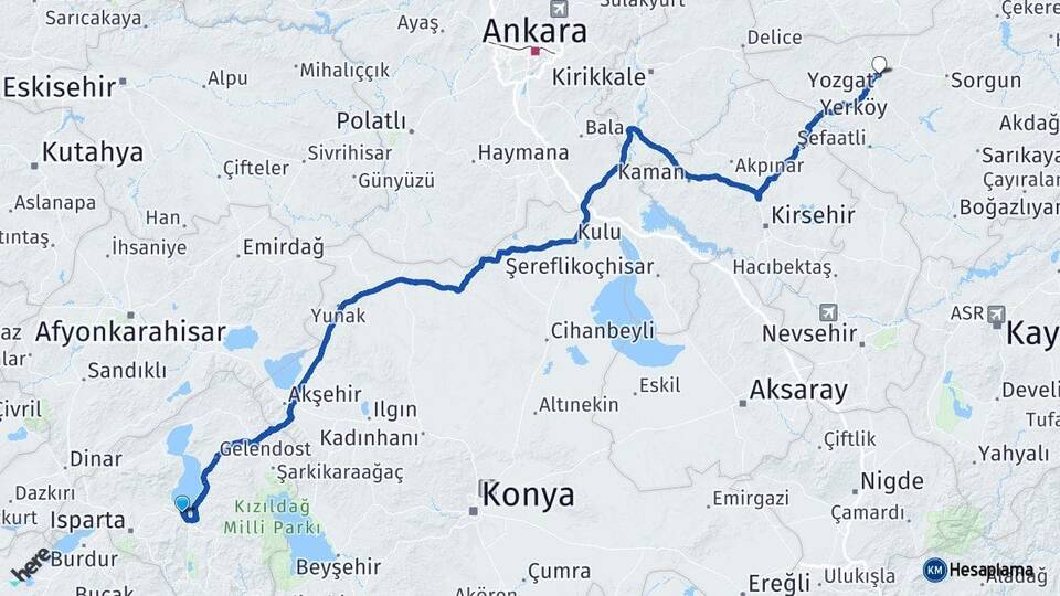 Isparta Eğirdir Yozgat Arası Kaç Km - Yol Haritası