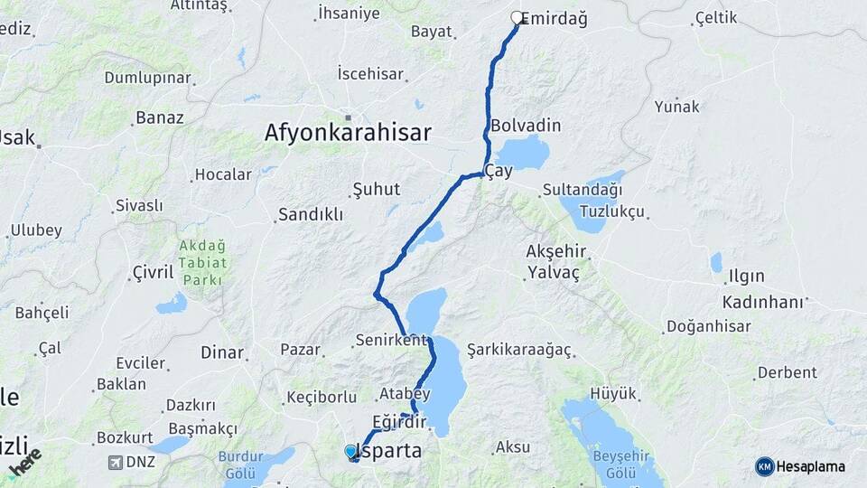 Isparta Emirdağ Afyonkarahisar Arası Kaç Km - Yol Haritası