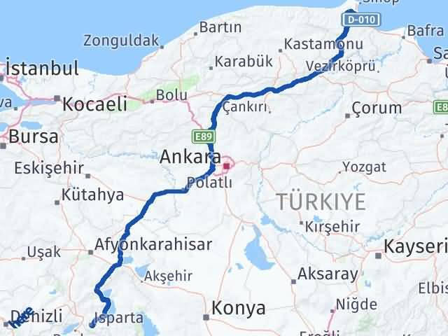 Isparta Erfelek Sinop Arası Kaç Km - Yol Haritası