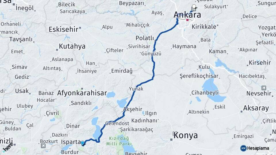 Isparta Esenboğa Havalimanı Arası Kaç Km - Yol Haritası