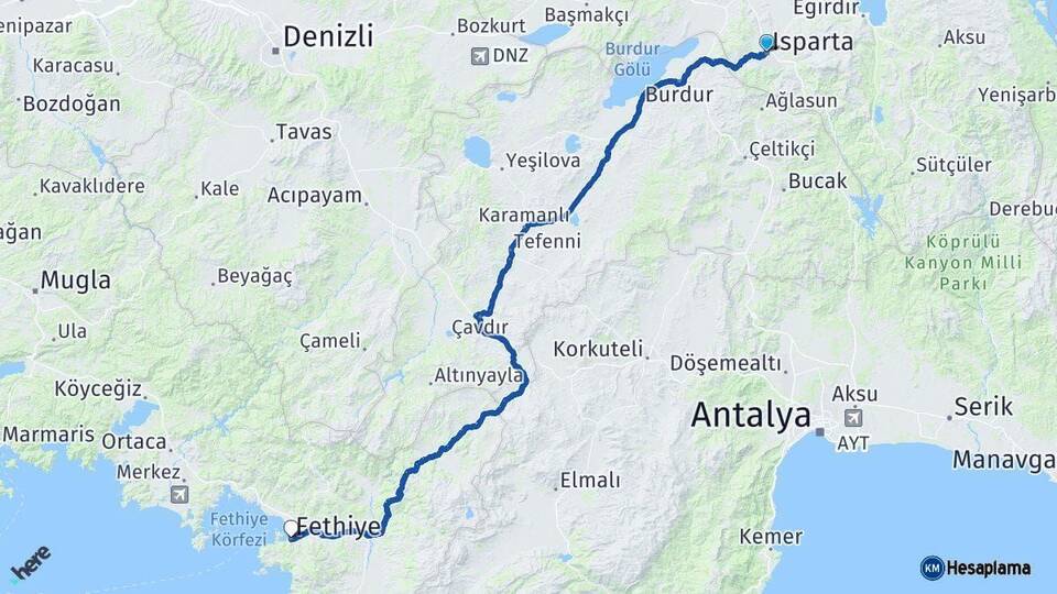 Isparta Fethiye Muğla Arası Kaç Km - Yol Haritası