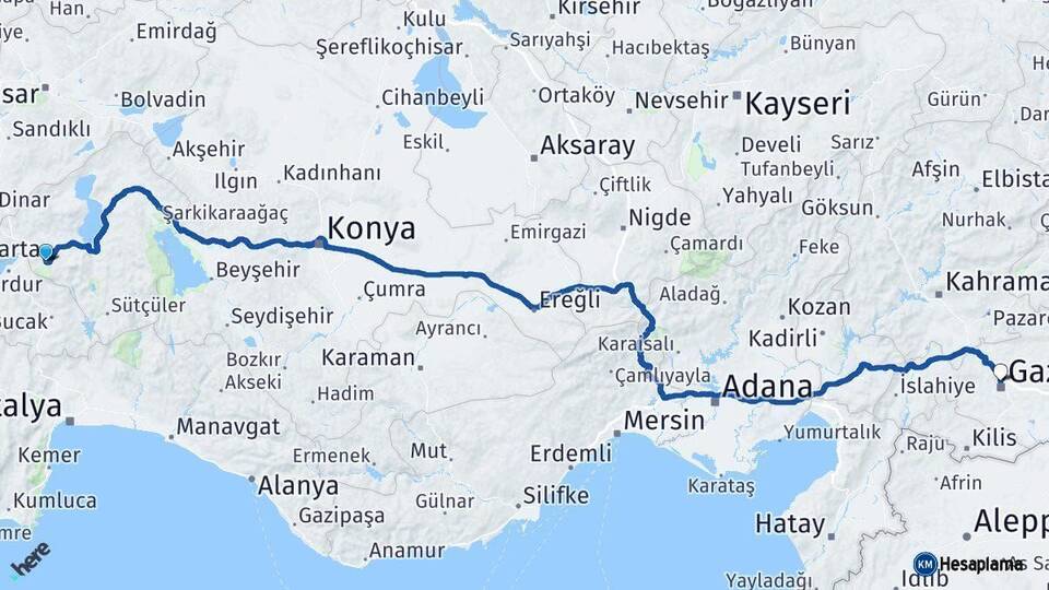 Isparta Gaziantep Arası Kaç Km - Yol Haritası