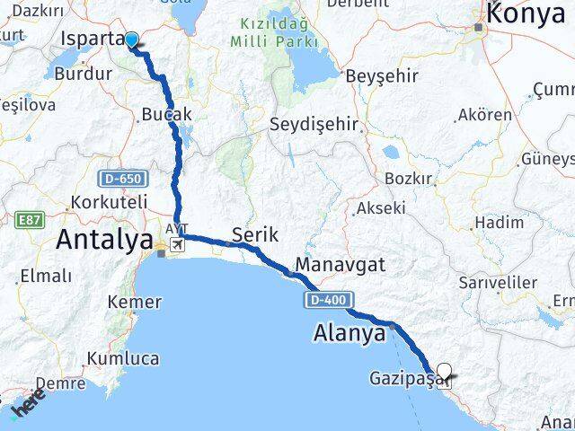 Isparta Gazipaşa Alanya Havalimanı Arası Kaç Km - Yol Haritası