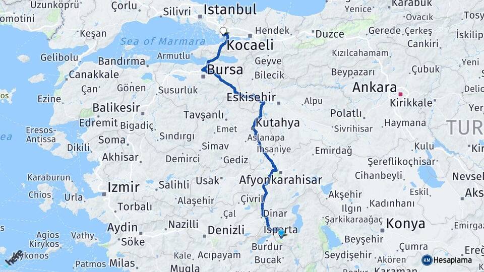 Isparta Gebze Kocaeli Arası Kaç Km - Yol Haritası