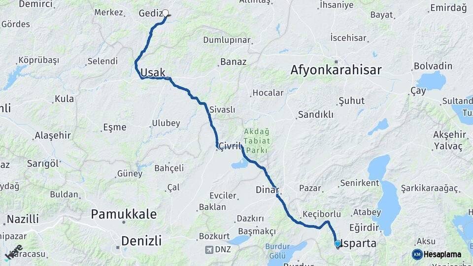 Isparta Gediz Kütahya Arası Kaç Km - Yol Haritası