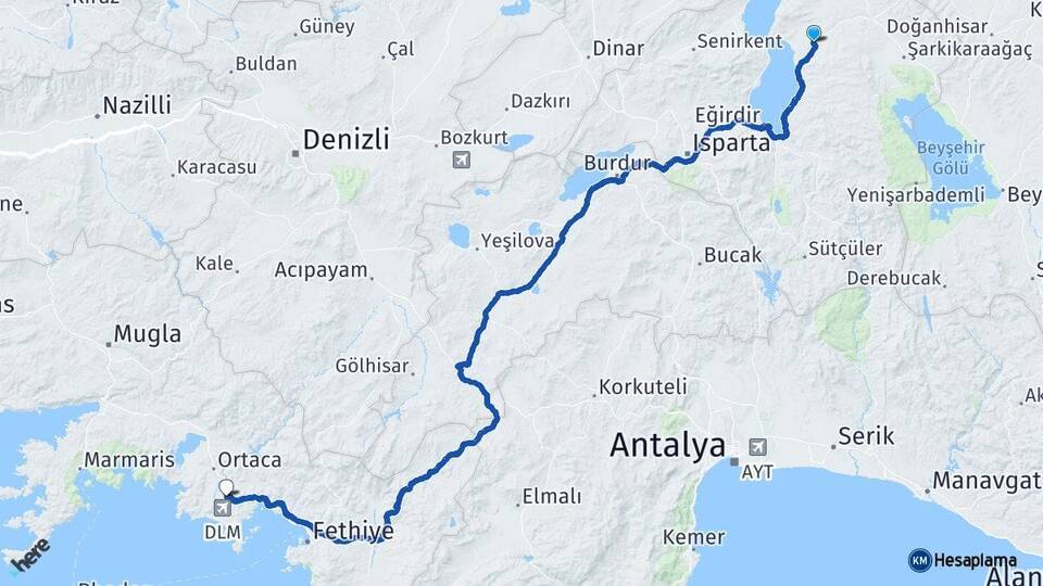 Isparta Gelendost Dalaman Muğla Arası Kaç Km - Yol Haritası