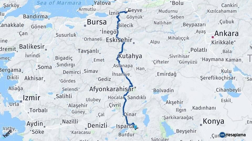 Isparta Geyve Sakarya Arası Kaç Km - Yol Haritası