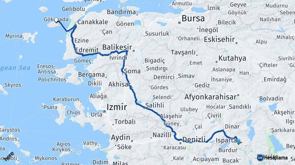 Isparta Gökçeada Çanakkale Arası Kaç Km - Yol Haritası