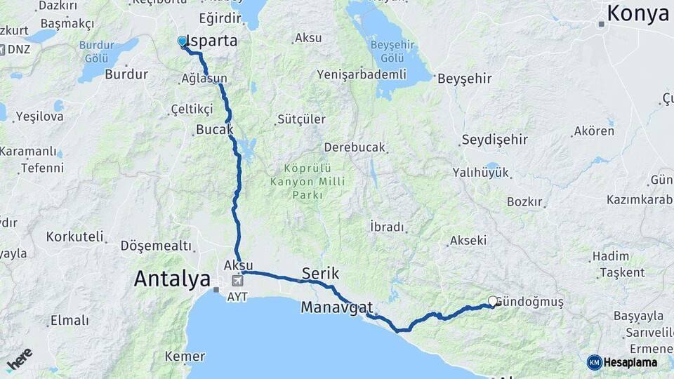 Isparta Gündoğmuş Antalya Arası Kaç Km - Yol Haritası