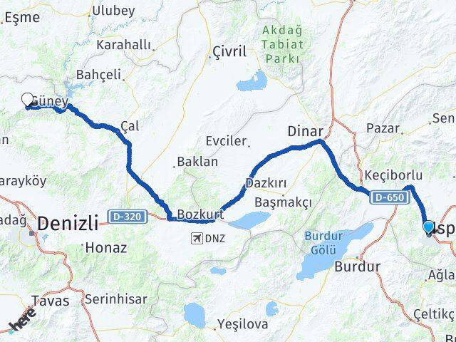 Isparta Güney Denizli Arası Kaç Km - Yol Haritası