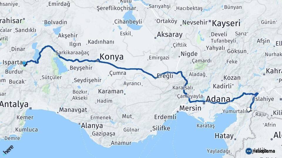 Isparta Hassa Hatay Arası Kaç Km - Yol Haritası