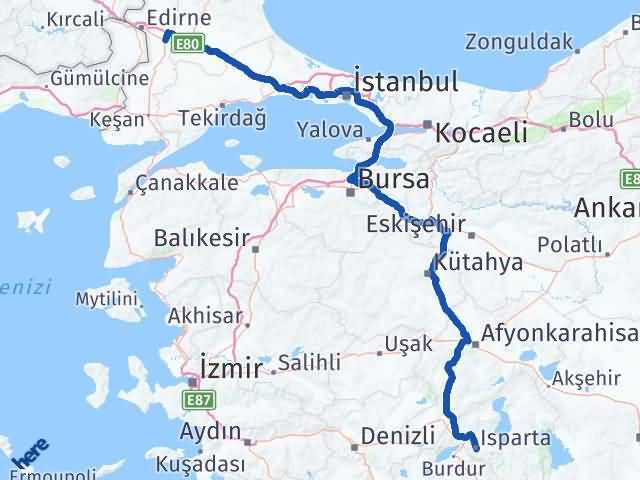 Isparta Havsa Edirne Arası Kaç Km - Yol Haritası
