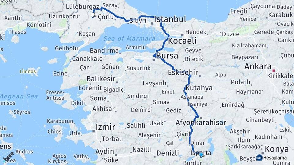 Isparta Hayrabolu Tekirdağ Arası Kaç Km - Yol Haritası