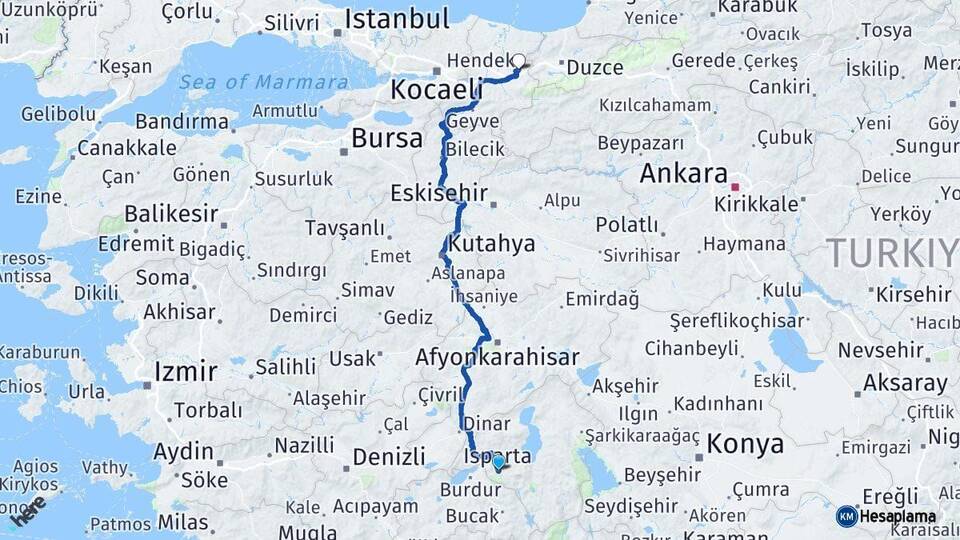 Isparta Hendek Sakarya Arası Kaç Km - Yol Haritası