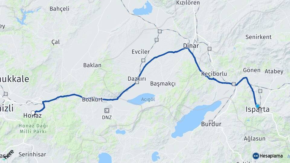 Isparta Honaz Denizli Arası Kaç Km - Yol Haritası