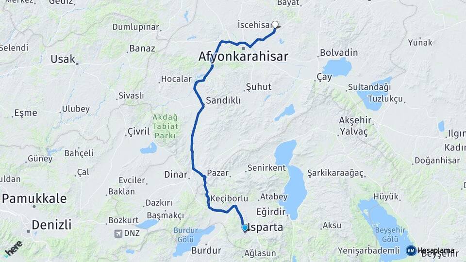 Isparta İscehisar Afyonkarahisar Arası Kaç Km - Yol Haritası