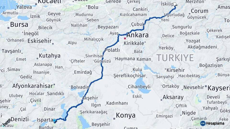 Isparta İskilip Çorum Arası Kaç Km - Yol Haritası