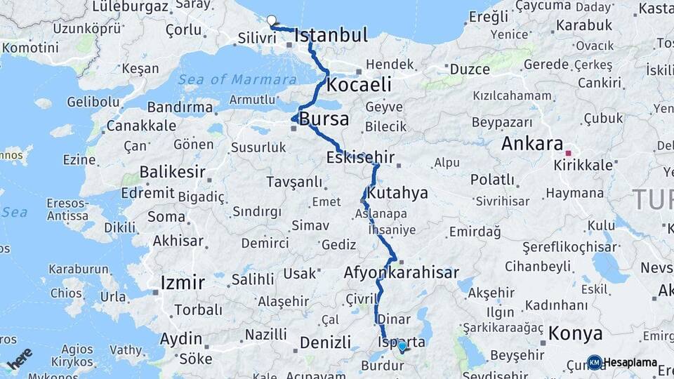Isparta İstanbul Havalimanı Arası Kaç Km - Yol Haritası