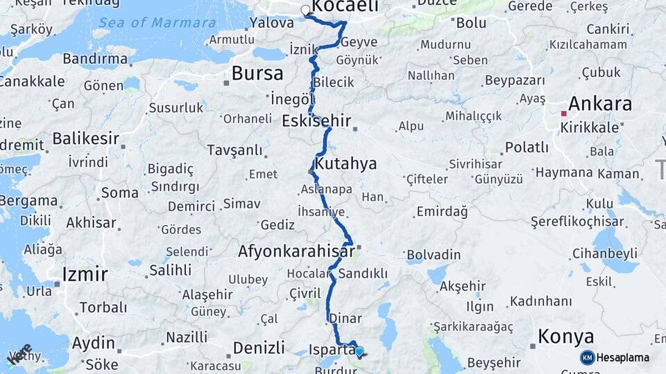 Isparta İzmit Kocaeli Arası Kaç Km - Yol Haritası