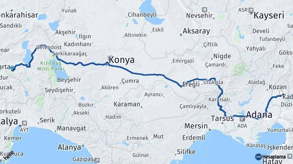 Isparta Kadirli Osmaniye Arası Kaç Km - Yol Haritası