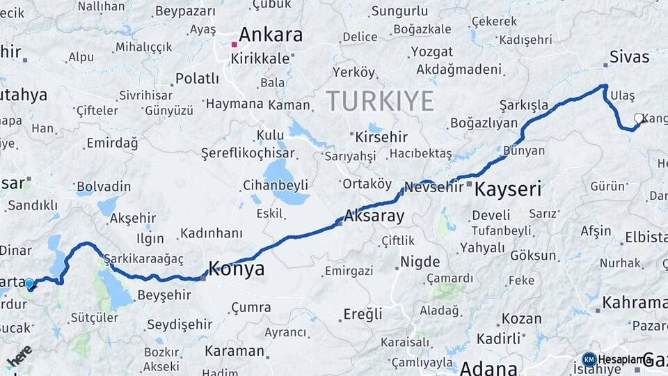 Isparta Kangal Sivas Arası Kaç Km - Yol Haritası
