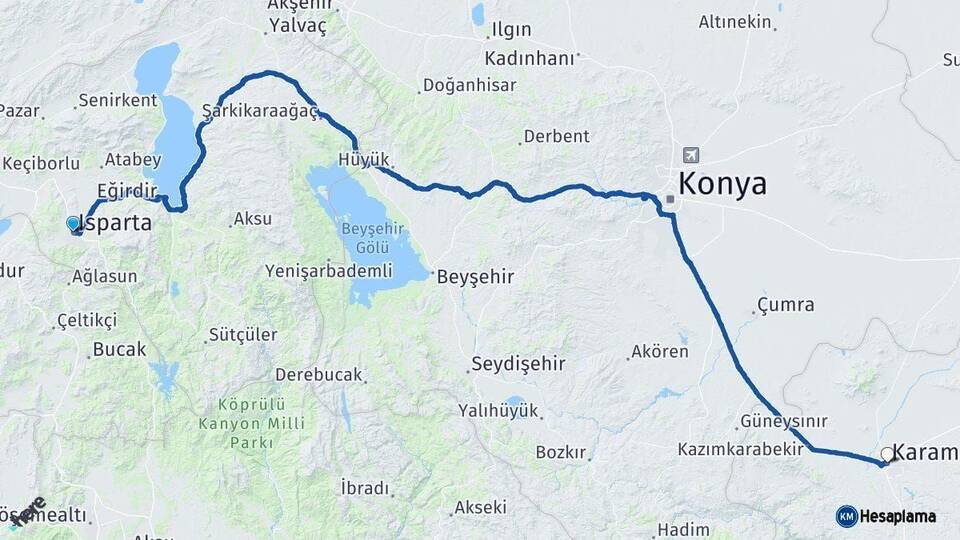 Isparta Karaman Arası Kaç Km - Yol Haritası