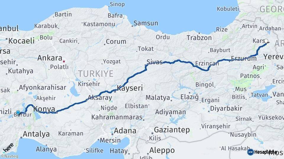 Isparta Kars Arası Kaç Km - Yol Haritası