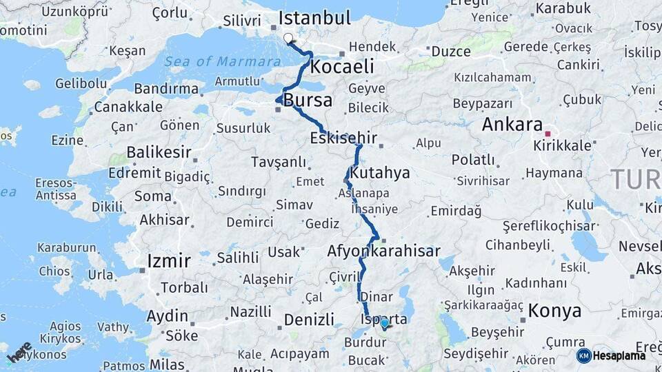 Isparta Kartal İstanbul Arası Kaç Km - Yol Haritası