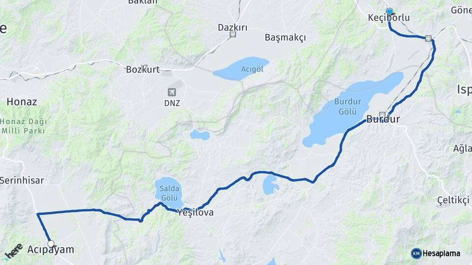 Isparta Keçiborlu Acıpayam Denizli Arası Kaç Km - Yol Haritası