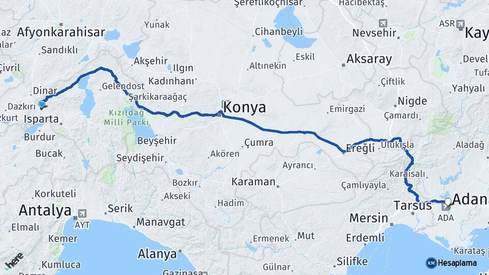 Isparta Keçiborlu Adana Arası Kaç Km - Yol Haritası