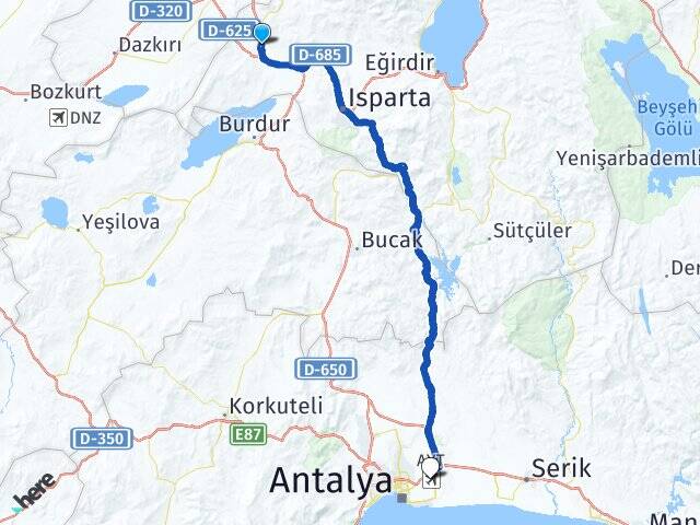 Isparta Keçiborlu Antalya Havalimanı Arası Kaç Km - Yol Haritası