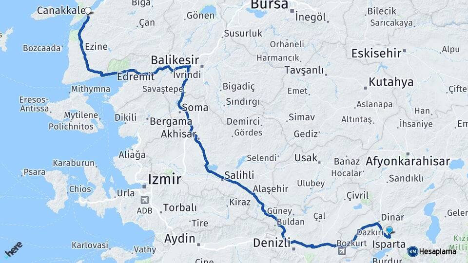 Isparta Keçiborlu Çanakkale Arası Kaç Km - Yol Haritası