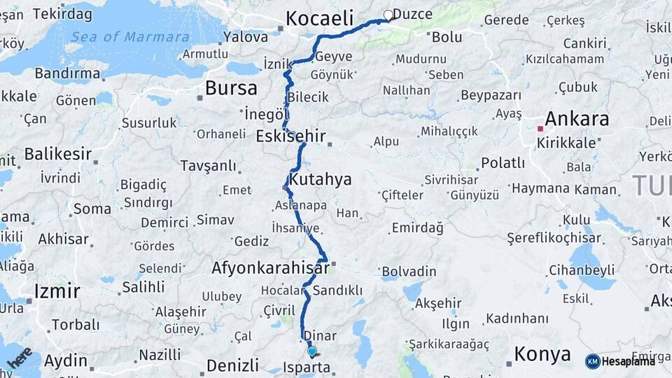 Isparta Keçiborlu Düzce Arası Kaç Km - Yol Haritası