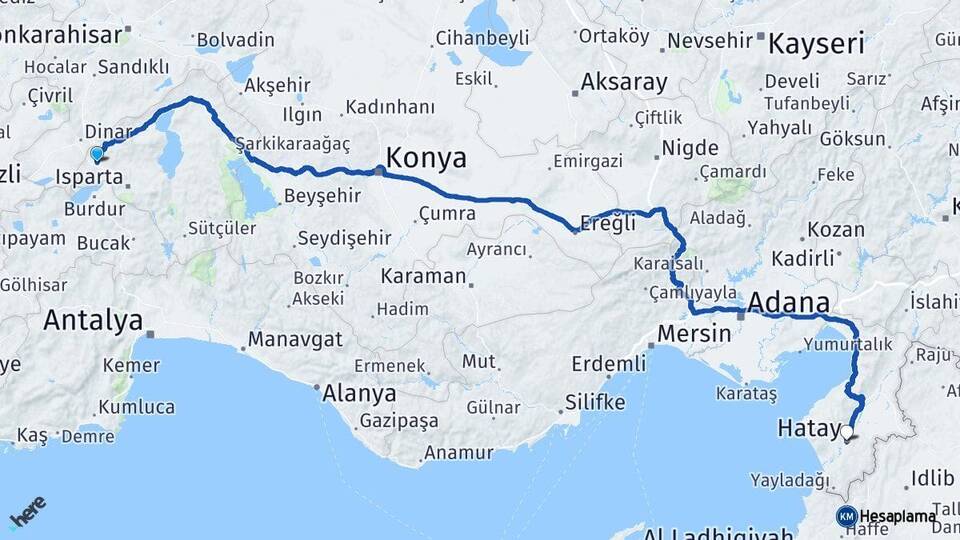 Isparta Keçiborlu Hatay Arası Kaç Km - Yol Haritası