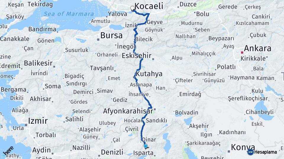 Isparta Keçiborlu Kocaeli Arası Kaç Km - Yol Haritası
