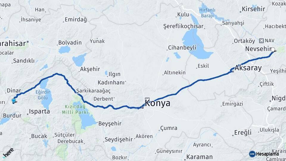 Isparta Keçiborlu Nevşehir Arası Kaç Km - Yol Haritası