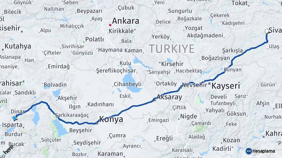 Isparta Keçiborlu Sivas Arası Kaç Km - Yol Haritası