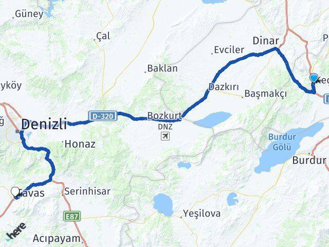 Isparta Keçiborlu Tavas Denizli Arası Kaç Km - Yol Haritası