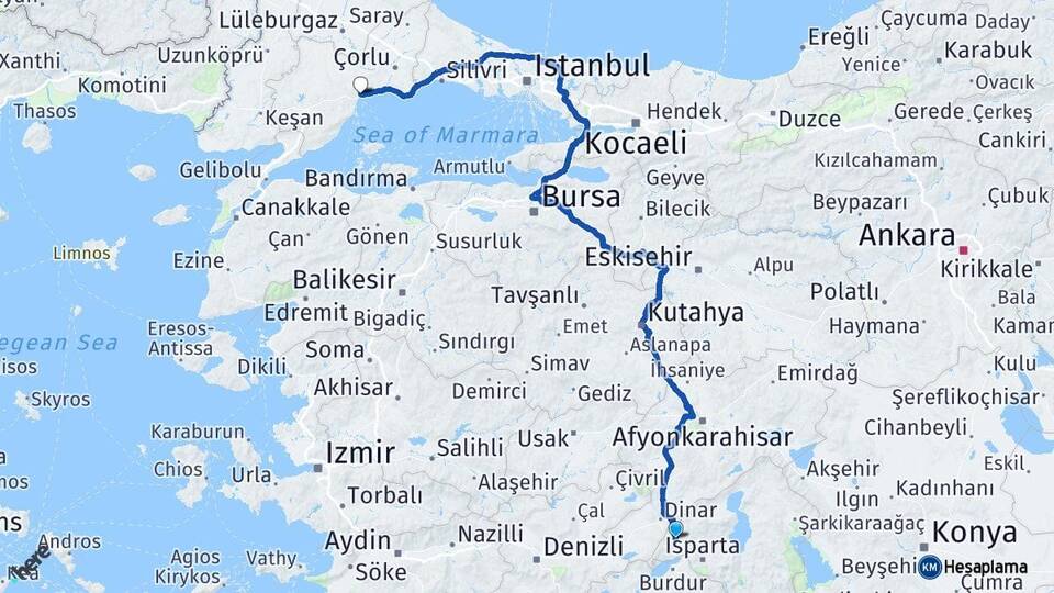 Isparta Keçiborlu Tekirdağ Arası Kaç Km - Yol Haritası