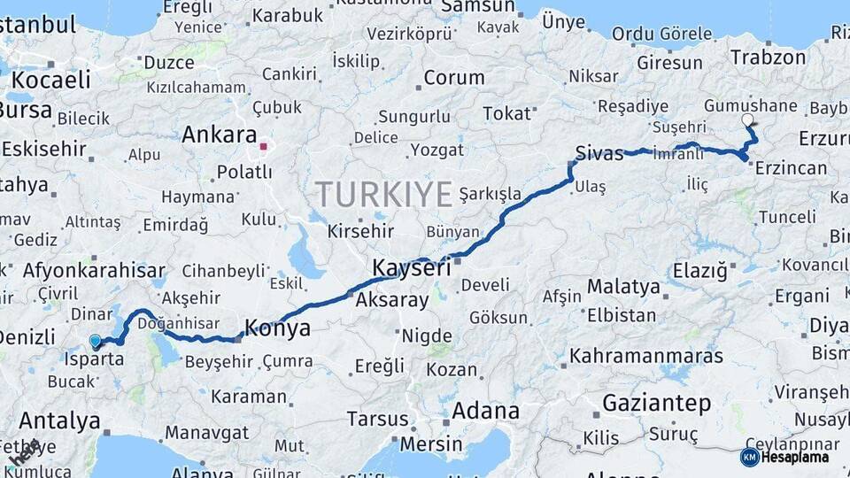 Isparta Kelkit Gümüşhane Arası Kaç Km - Yol Haritası