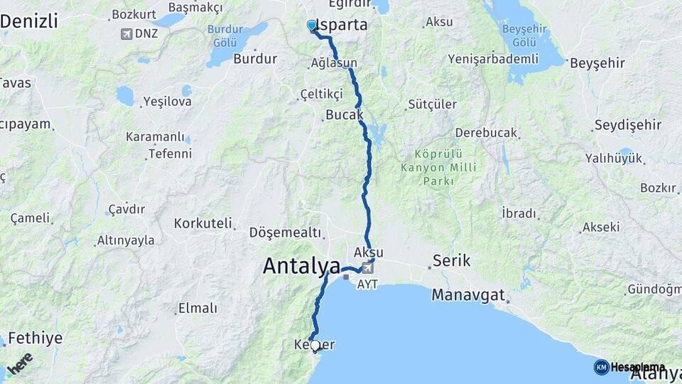 Isparta Kemer Antalya Arası Kaç Km - Yol Haritası