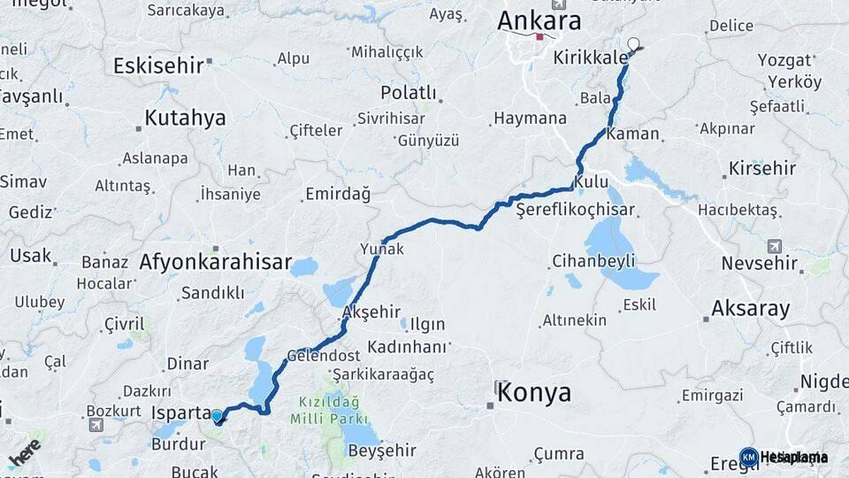 Isparta Kırıkkale Arası Kaç Km - Yol Haritası