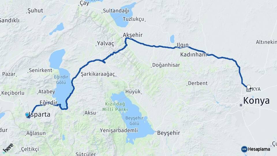 Isparta Konya Havalimanı Arası Kaç Km - Yol Haritası