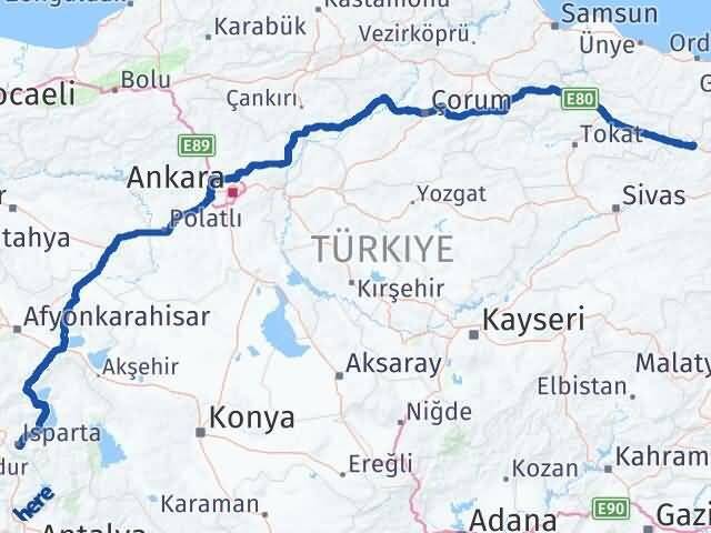 Isparta Koyulhisar Sivas Arası Kaç Km - Yol Haritası