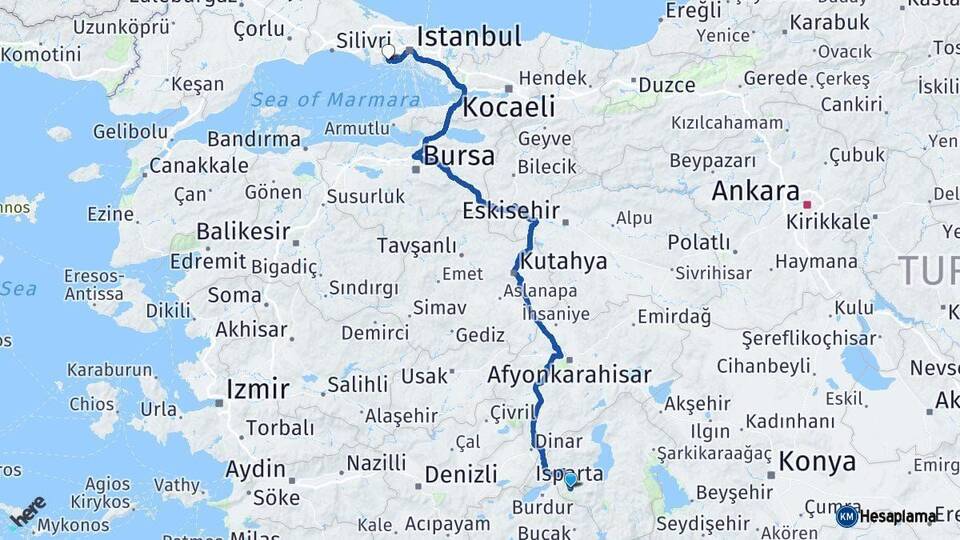 Isparta Küçükçekmece İstanbul Arası Kaç Km - Yol Haritası