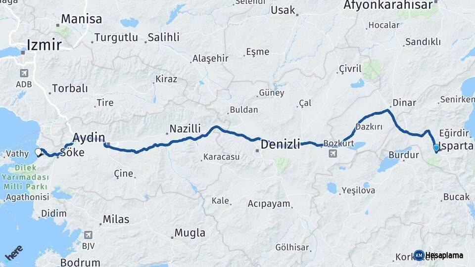 Isparta Kuşadası Aydın Arası Kaç Km - Yol Haritası