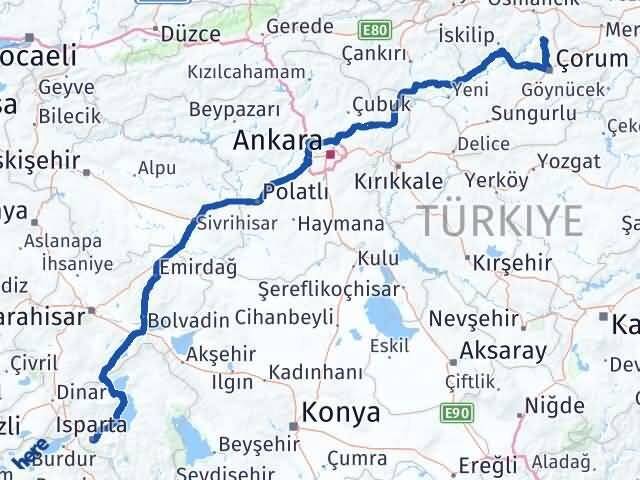 Isparta Laçin Çorum Arası Kaç Km - Yol Haritası